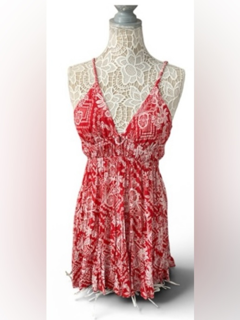 Angie Red and White Backless Floral Tie-Back Dress